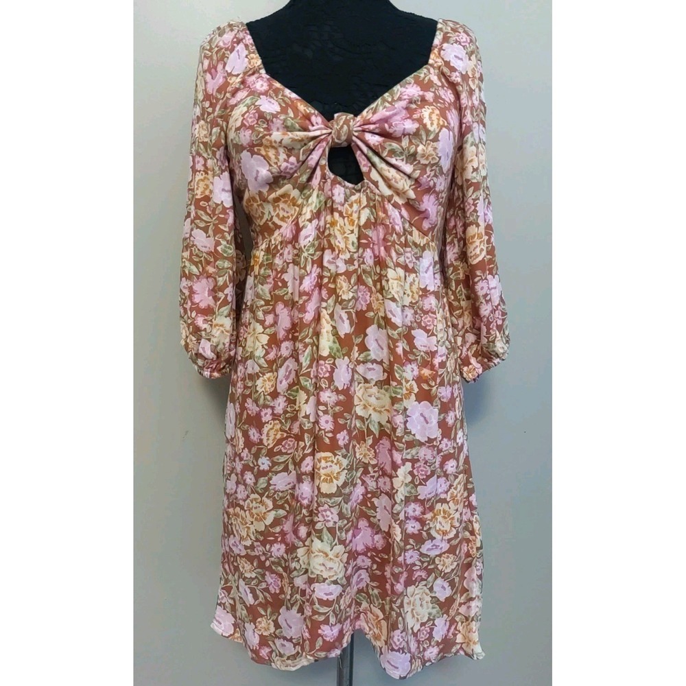 Lush Women Pink Multicolor Floral Front Tie Knot 3/4‎ Sleeve Dress Size M